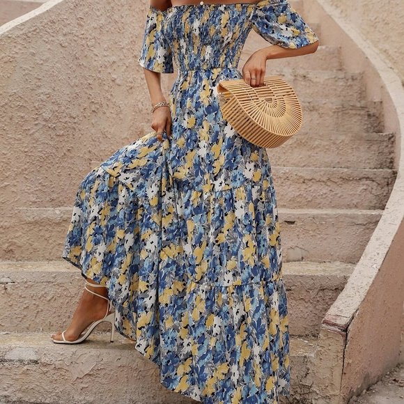 Blue Boho Womens Allover Floral Print Shirred Off Shoulder Ruffle Hem Dress - Picture 4 of 5